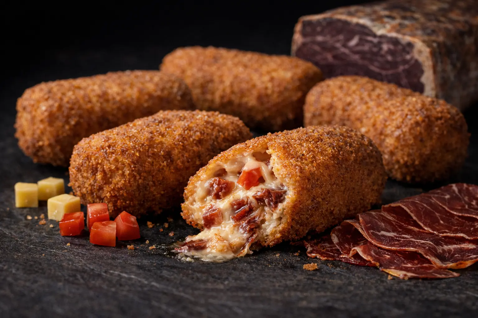 Croqueta de cecina, queso y tomate
